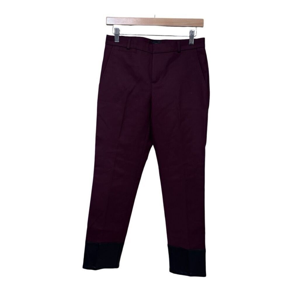 BANANA REPUBLIC monogram WOMENS CROP PANT BURGUNDY WITH FAUX LEATHER  hem "MONOG